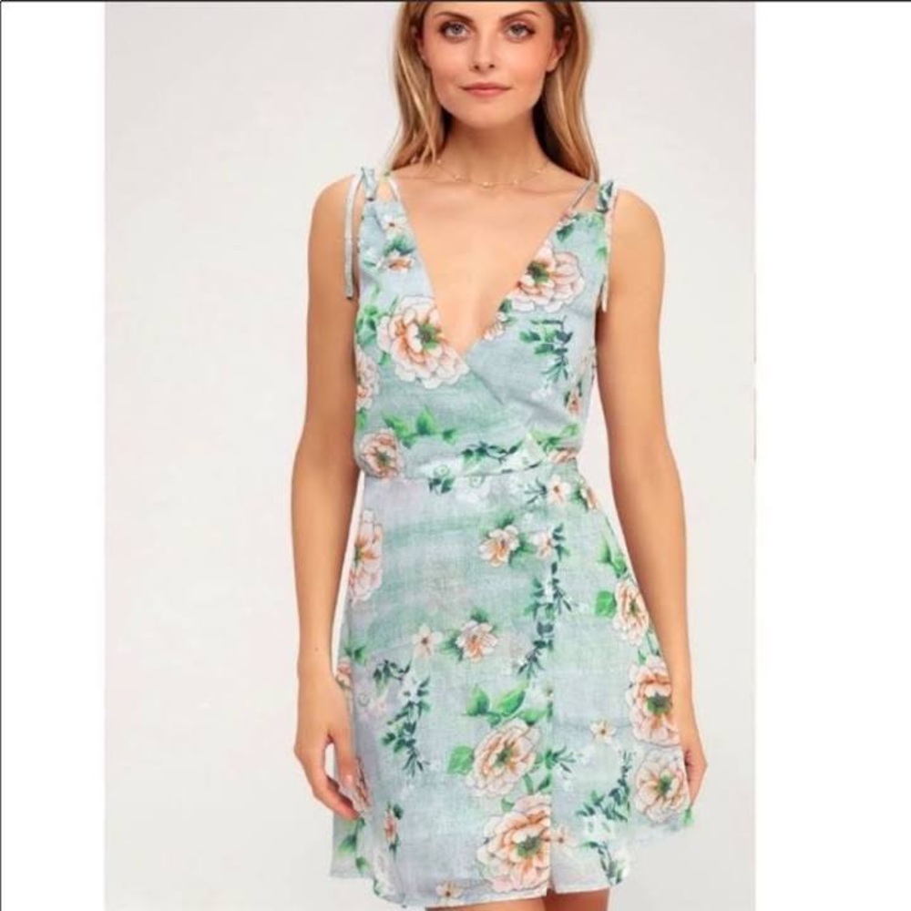 Lulu’s Floral Faux Wrap Sage Green Dress